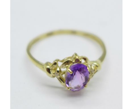 A 9ct gold, amethyst and diamond ring, 1.1g, O