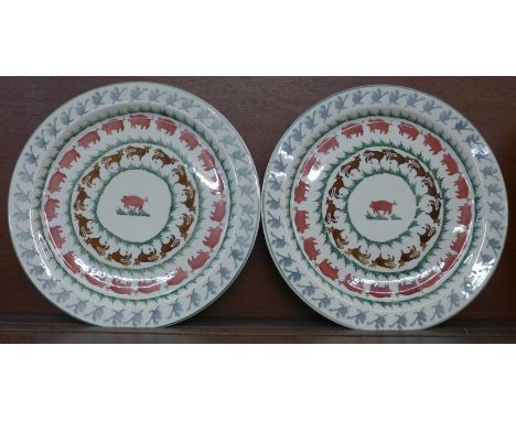 Two Bridgewater Pottery Farmyard Animals plates, seconds, 33cm