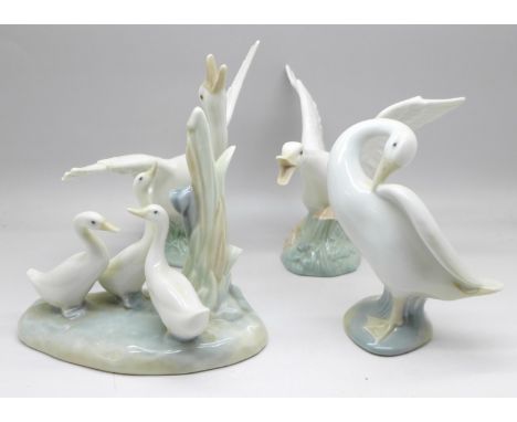 Three Lladro geese, one a/f and a Nao bird figure group of geese