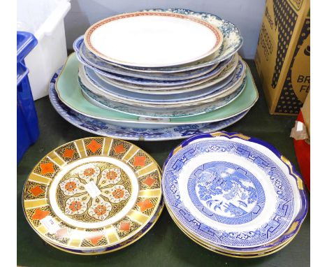 Thirteen oval platters including Delph and nine cabinet plates, Abbeydale, Aynsley, etc.