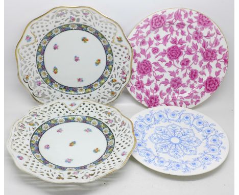 Four plates including Dresden and Crown Derby