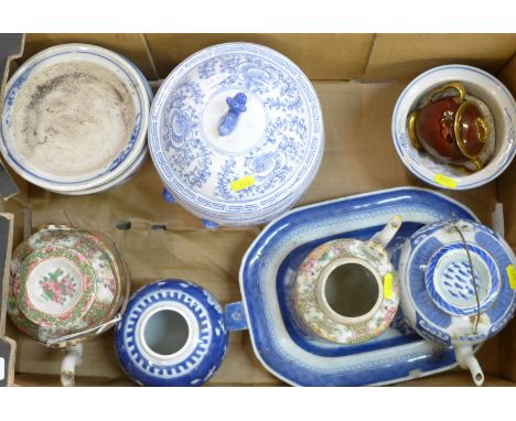 Chinese pottery including a blue and white ginger jar, tea pot, jardinieres, jar and cover and serving plate and a Carlton Wa