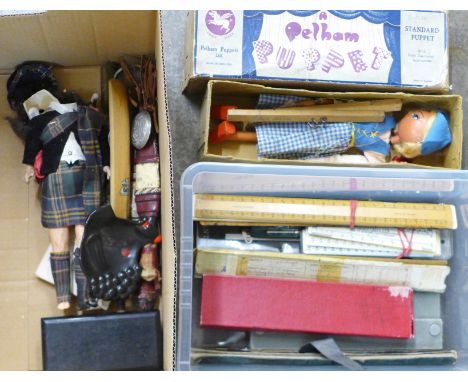 Two knives with scabbards, a miniature cricket bat, Australia 1948 tour, a compact, ashtray, doll's body, wooden box, a doll'