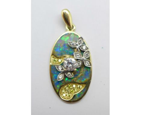 A 14ct gold, opal and white stone pendant, 6.8g