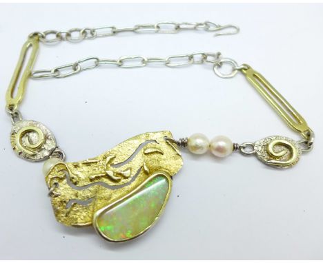 A silver, opal and pearl necklace