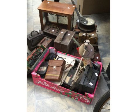 Collection of mid 20th Century electrical and measuring instruments; weighing scales, maintenance books, and an Anglepoise la