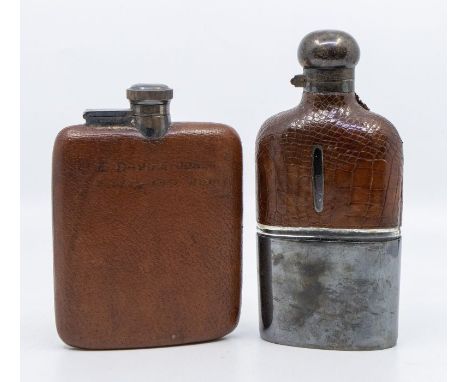 An early 20th Century leather and silver plate bound glass flask, detachable cup stamped together with another early 20th Cen