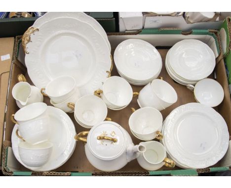 Wedgwood early 20th century tea wares to include coffee pot, cake plates, 13 cups, saucers, tea plates etc white with gold tr
