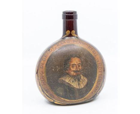 Glass flask; with hand painted portrait of Hugo De Groot, with a painted inscription 1616, probably after a print by Michiel 