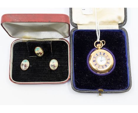 A continental 18ct gold and guilloche enamel ladies half hunter pocket watch, the case with pink enamel with blue roman numer