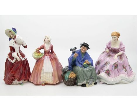 Four Royal Doulton lady figures including Tuppence a Bag, Tapestry Weaving (AF) Christmas Morn and Janet