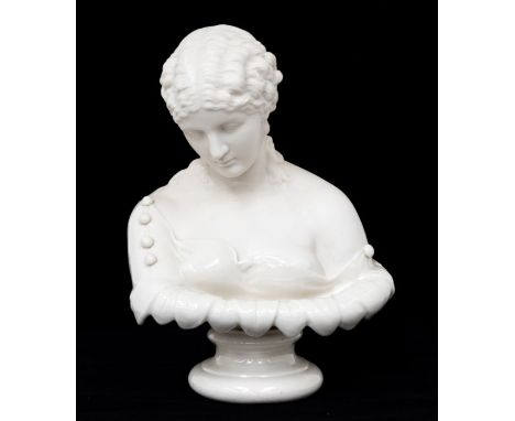 Irish Interest: A Belleek 2nd period parian bust of Clytie, with button detailing to drapes, on raised socle, factory stamp t