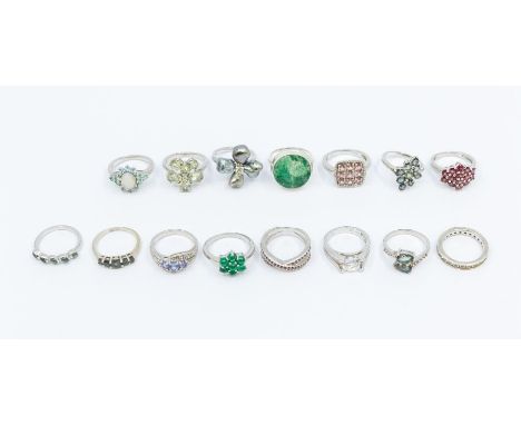 A collection of fifteen Gems TV gemstone rings to include  a cats eye Alexandrite and diamond 9ct white gold ring, size L1/2,