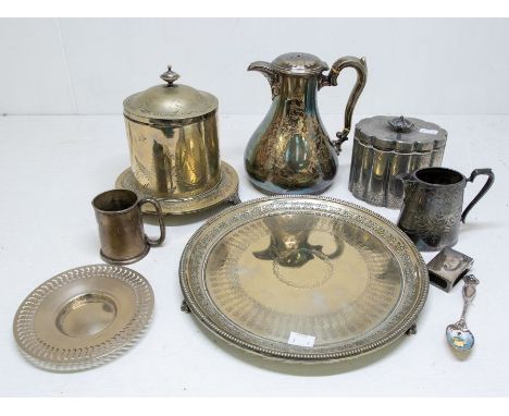 A collection of silver plated items including a JRC biscuit barrell, a tea caddy, a silver hallmarked match box holder and ch