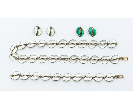 A Norwegian David Anderson silver gilt and enamel suite to include necklace, bracelet and earrings, (clip on) comprising doub