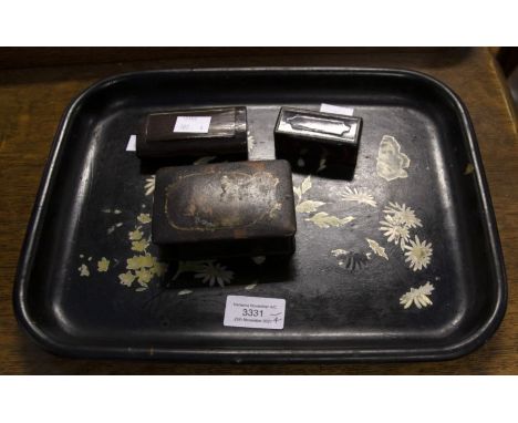 Black papier mache serving tray along with Russian early 20th Century cigarette box, 19th Century snuff box and early 20th Ce