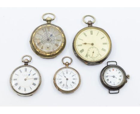 Five various early 20th Century silver & silver plate cased pocket watchesDutch silver cased with white enamel dial roman num