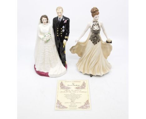 Royal Worcester figure of Grace along with Royal Doulton figure of the Queen, Duke of Edinburgh also, with boxesno chips or c