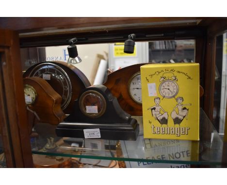 Six mantle clocks and boxed 1950's alarm clock, from early 20th Century to Art Deco up to the 1950's