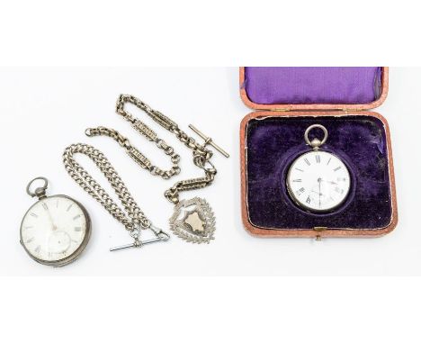 A Victorian silver cased pocket watch, white enamel dial with Roman numerals, the case hallmarked London, 1871 and a silver p