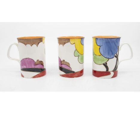 3 Bizarre Craft Clarice Cliff style mugs decorated by Marjory Higginson who was a Bizarre girl painter for Clarice Cliff.&nbs