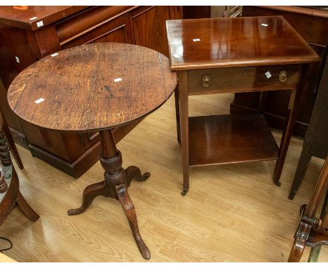 George III oak tilt top table on tripod support and mahogany side table with one drawer and shelf below