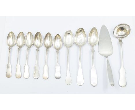 A collection of 19th Century Austro-Hungarian 800 standard ornate fiddle pattern flatware to include: set of six teaspoons, s