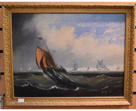 English School, 19th Century, oil on canvas, sailing boats on sea, signed R Grey, 37 x 49 cms approx