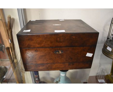 19th Century burr walnut vanity box with pop out single trinket and pocket watch drawer to base, complete with make up pot an