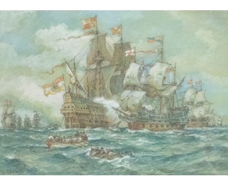 Bernard F Gribble (1873-1962)Seascape Battle Scene with GalleonsMixed media, 26 x 25cm Signed lower right 