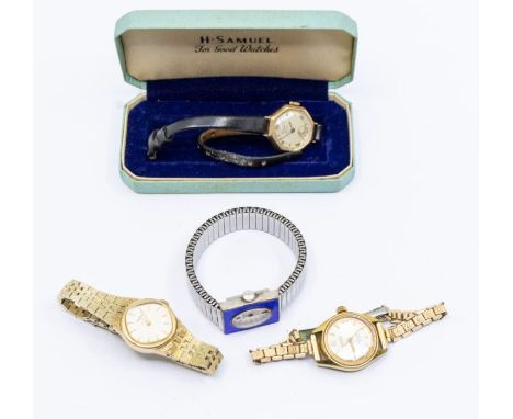 A collection of ladies watches including a 9ct gold Avia on leather strap, a silver and guilloche enamel watch on expander an