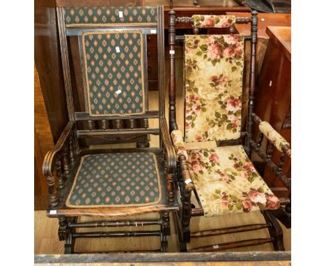 Two early 20th Century American style rockers, one having turned bobbin type frame with upholstered splat and seat, the other