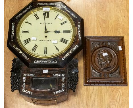 A late Victorian rose mahogany mother of pearl inlaid wall clock, H Davies of Sheffield, 8 day with grape vine detail to side