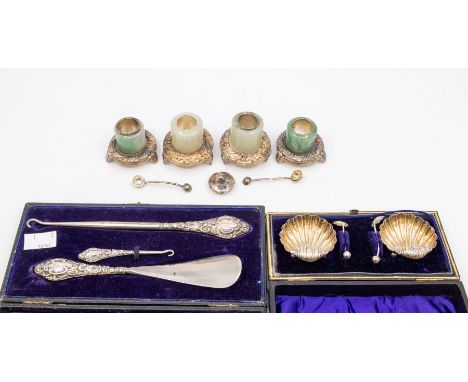 A collection of silver to include:A pair of Victorian shell shaped salts on three ball feet with matching salt spoons, all ha