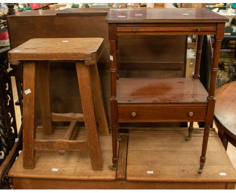 A reproduction mahogany vanity stand with pull out shelf along with a pine stool