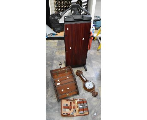 Modern trouser press, Edwardian coal scuttle, mid 20th Century barometer and vanity case