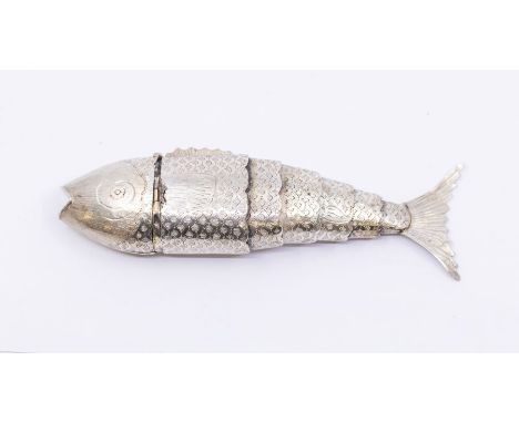 A 19th Century white metal probably silver vinaigrette modelled as an articulated fish, engraved scales and features, with gi