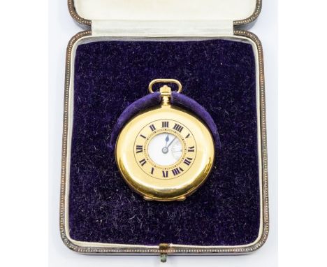 An early 1900's 18ct gold half hunter pocket watch, silvered dial with roman numeral markers, subsidiary, case diameter appro
