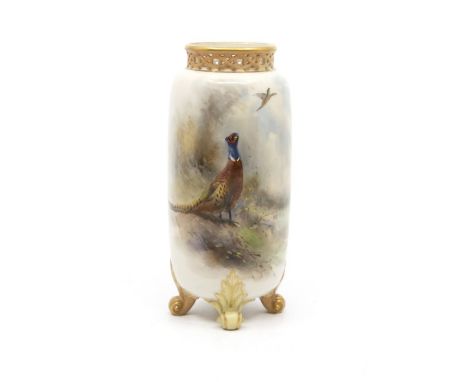 Early 20th Century Royal Worcester pheasant posie vase with hand painted detail scone by James Stinton