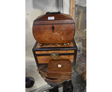 1920's carved Chinese box along with mid 19th Century tea caddy, mahogany on ball feet