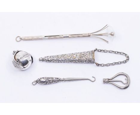 A collection of silver and white metal to include: globe retractable pendant; scissor holder from Chatelaine, retractable swi
