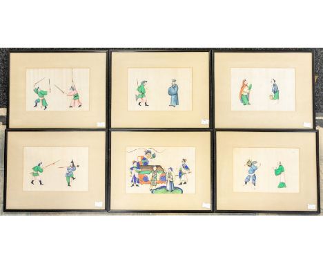 A set of six 19th Century Chinese Export pith paper painted drawings, depicting Warriors practising various fighting methods,