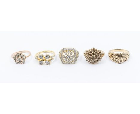 A collection of five Gems TV diamond set rings to include a four 9ct gold rings, comprising a rose gold and diamond cluster, 