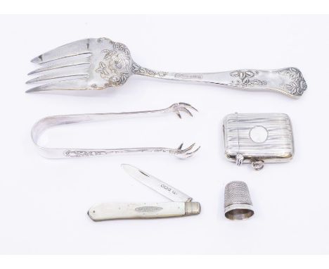 A collection of silver to include: Victorian mother-of-pearl and silver fruit knife, Sheffield, 1893 together with a thimble,