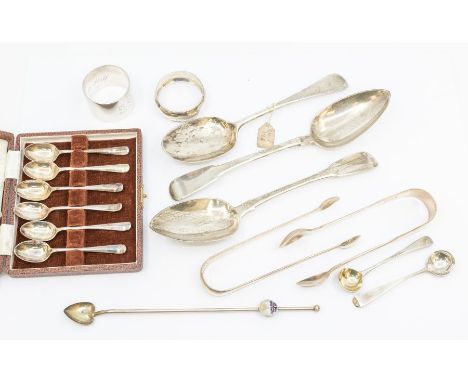 A collection of silver to include: pair of George III fiddle pattern table spoons; a Victorian pair and a Georgian pair of su