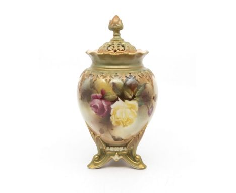 Royal Worcester early 20th century hand painted pot pourri vase and cover, decorated with roses. Height approx 18cm.