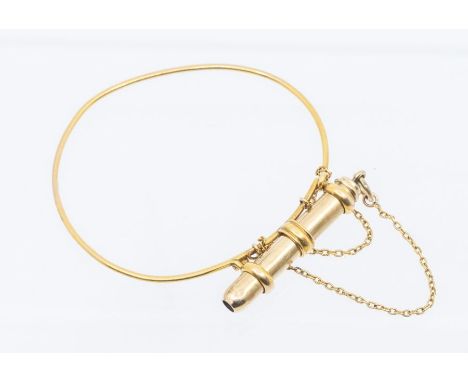 A 15ct gold hinged wire bangle with pencil and safety chain, stamped 15ct, weight approx 5gms, along with a pencil, unmarked,