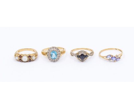 A Victorian style 9ct gold, opal and garnet ring, London 1966, N1/2, 3.6gms; a 9ct gold sapphire and diamond chip ring, size 