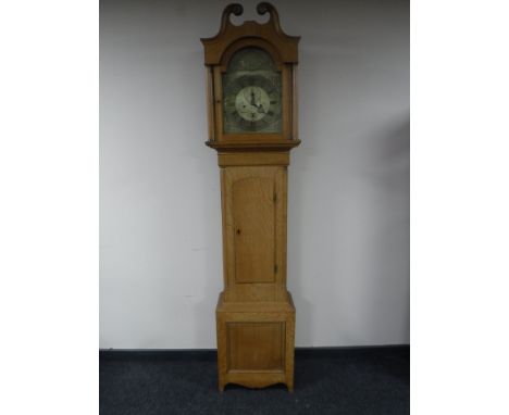 An oak longcase clock with brass dial by signed Stewart, Dunkeld