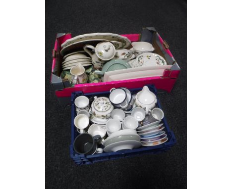 A box and basket of assorted French Gien dinner ware, assorted coffee cans, espresso cups and saucers, part tea services etc 